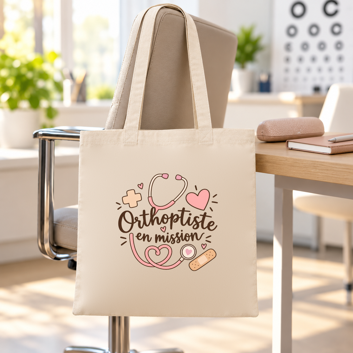 Tote bag orthoptiste « Orthoptiste en mission » Essentiel suspendu à une chaise de bureau, devant un tableau de mesure de l'acuité visuelle