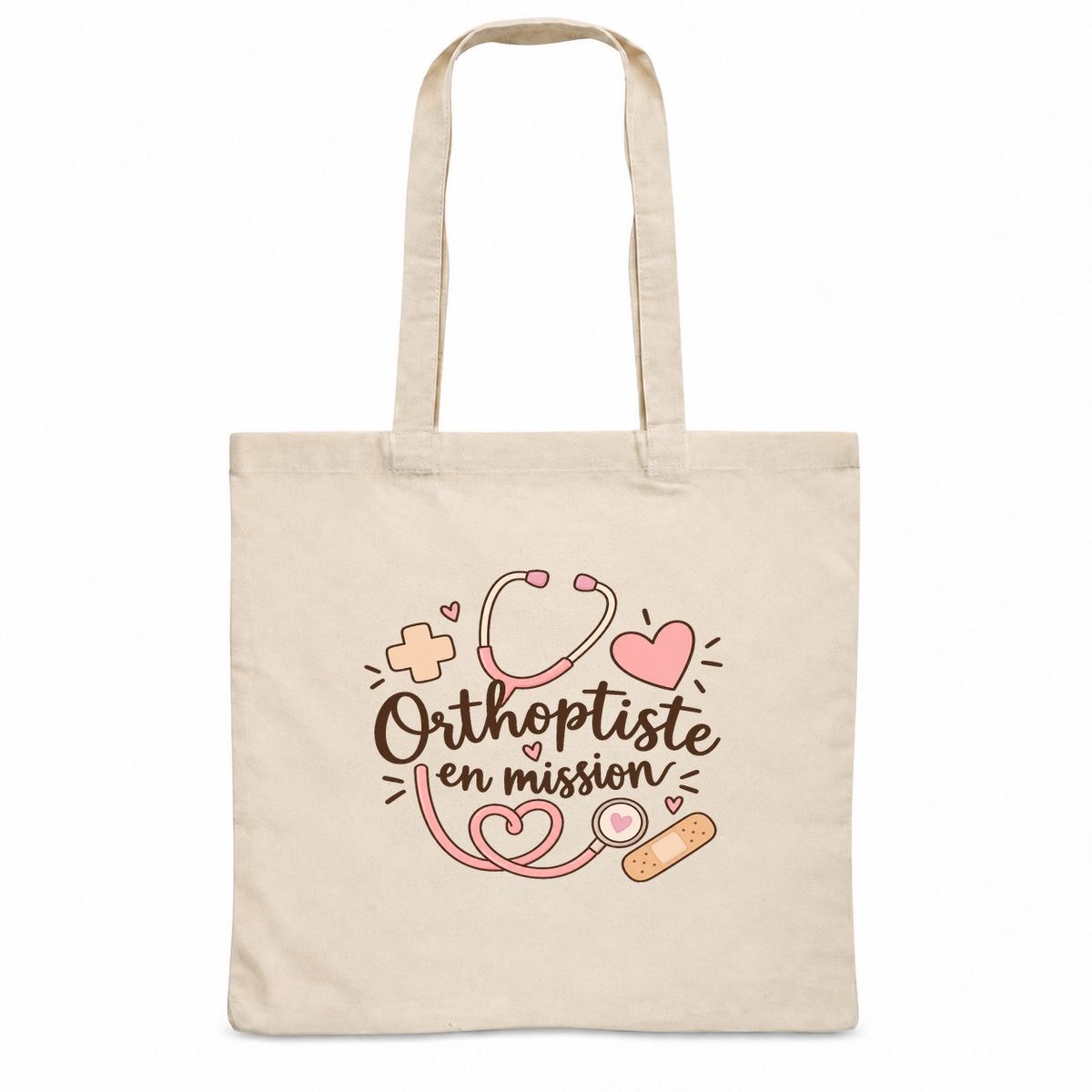 Tote bag orthoptiste « Orthoptiste en mission » Essentiel, sac plat en coton naturel 140 g/m² de 38 × 42 cm, illustration bohème d'un stéthoscope, de cœurs, d'une petite croix et d'un pansement