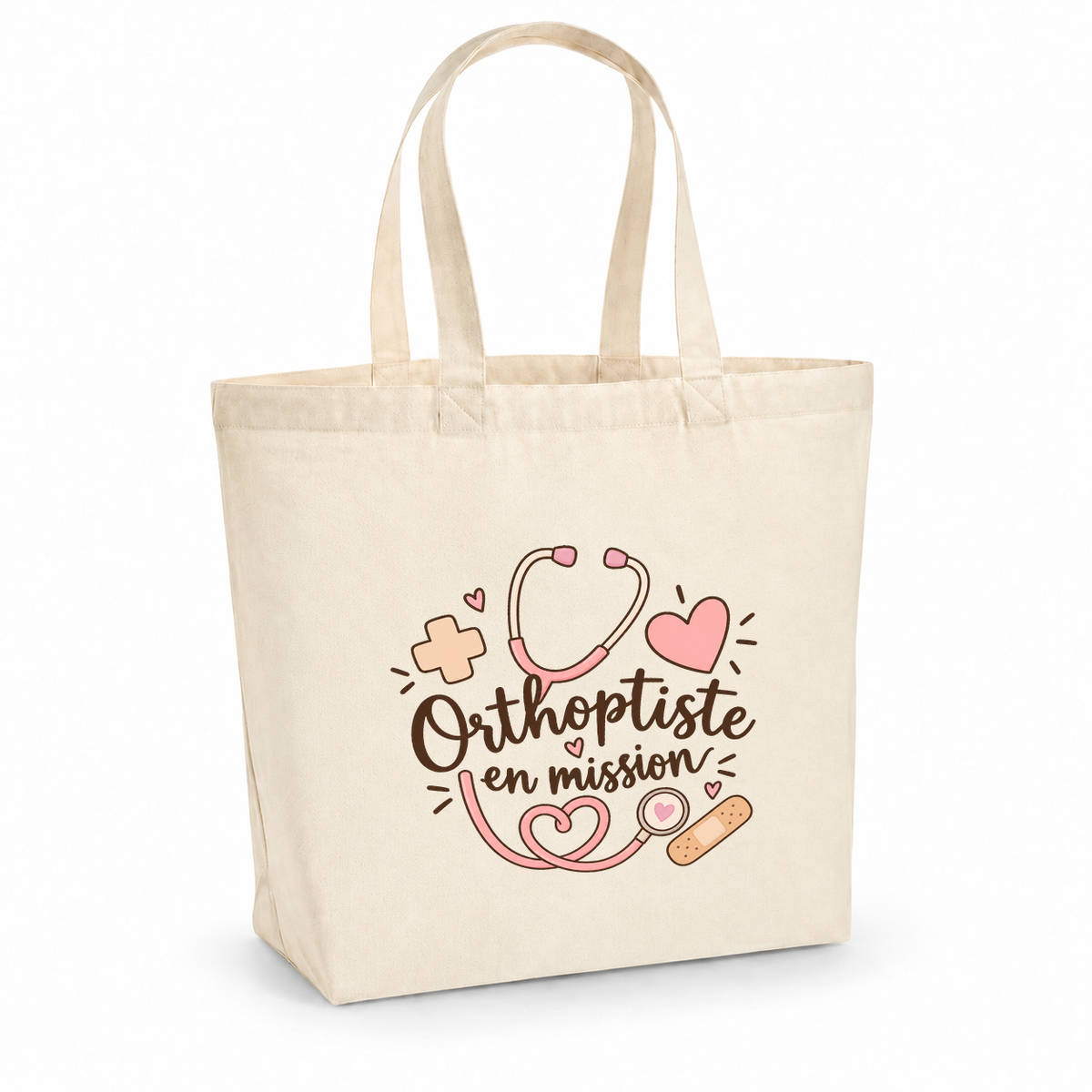 Tote bag orthoptiste « Orthoptiste en mission » Premium, cabas à soufflet en coton naturel 200 g/m² de 18 litres, illustration bohème d'un stéthoscope, de cœurs, d'une petite croix et d'un pansement