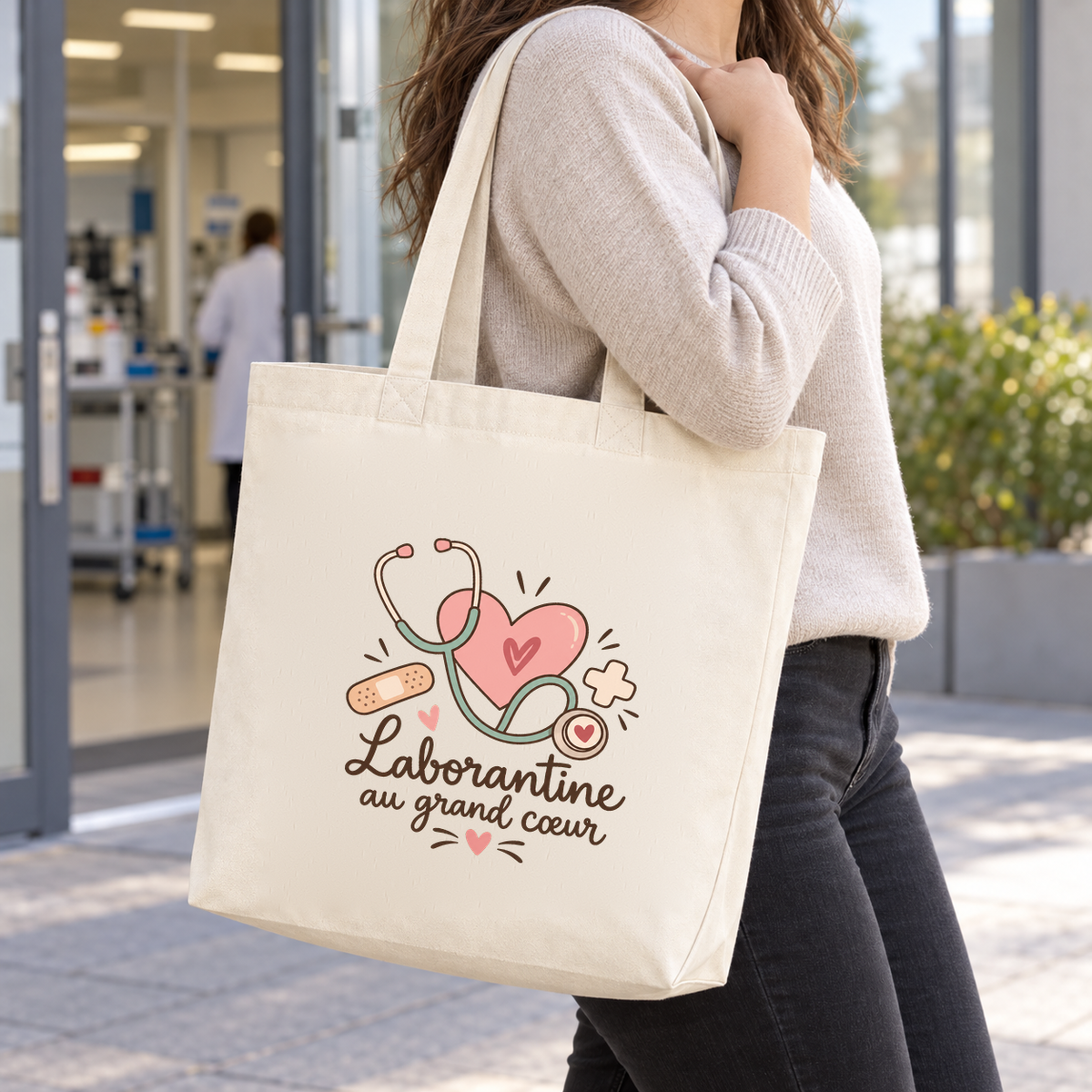 Tote bag laborantine « Laborantine au grand cœur » Premium porté à l'épaule à la sortie du laboratoire