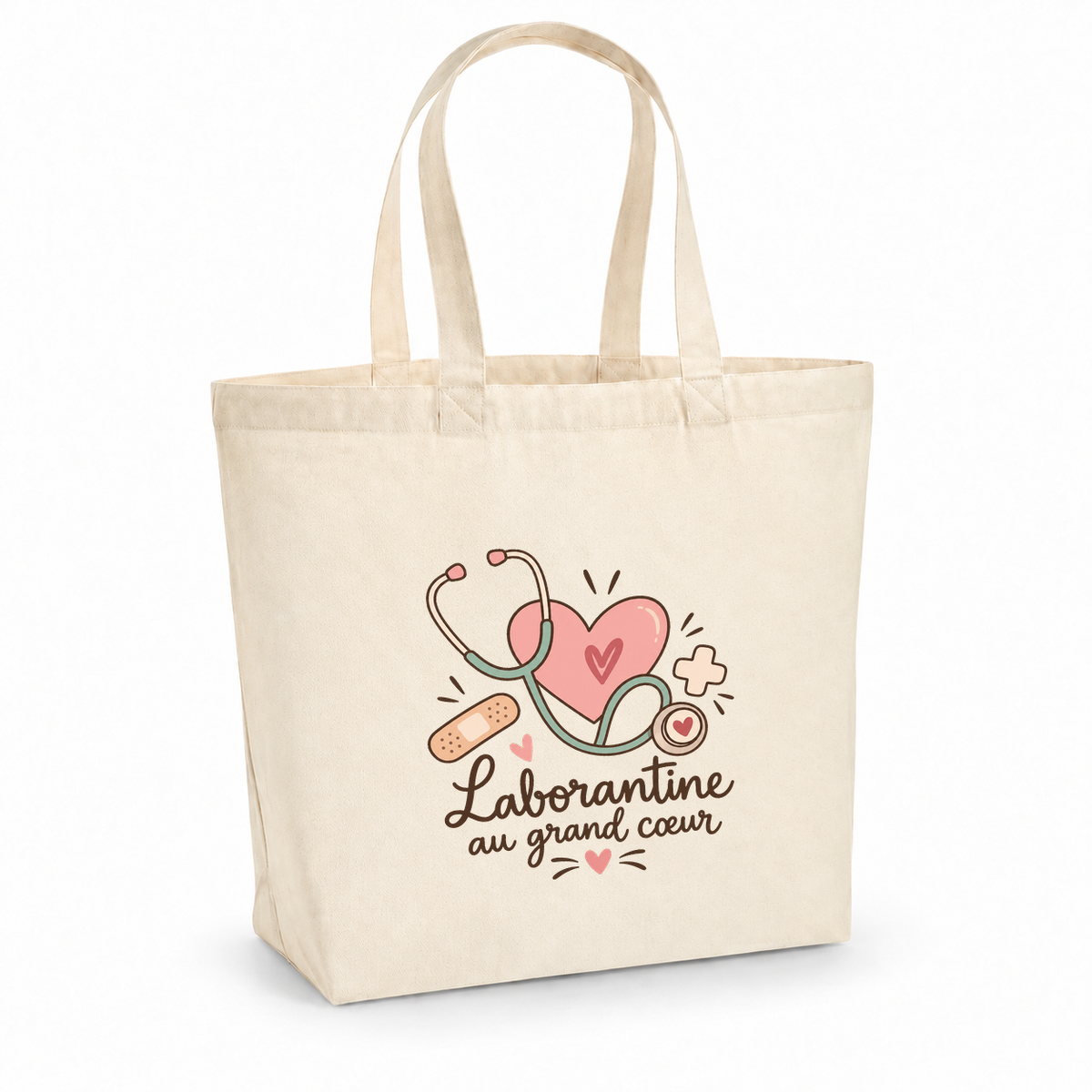 Tote bag laborantine « Laborantine au grand cœur » Premium, cabas à soufflet en coton naturel 200 g/m² de 18 litres, illustration bohème d'un stéthoscope, d'un grand cœur, d'une petite croix et d'un pansement