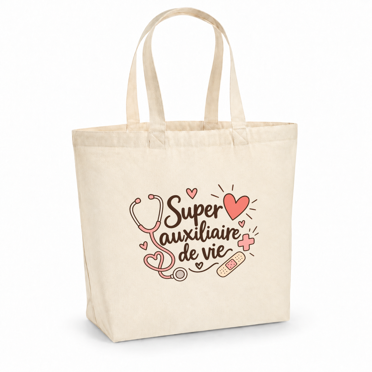 Tote bag auxiliaire de vie « Super auxiliaire de vie » Premium, cabas à soufflet en coton naturel 200 g/m² de 18 litres, illustration bohème d'un stéthoscope, de cœurs, d'une petite croix et d'un pansement