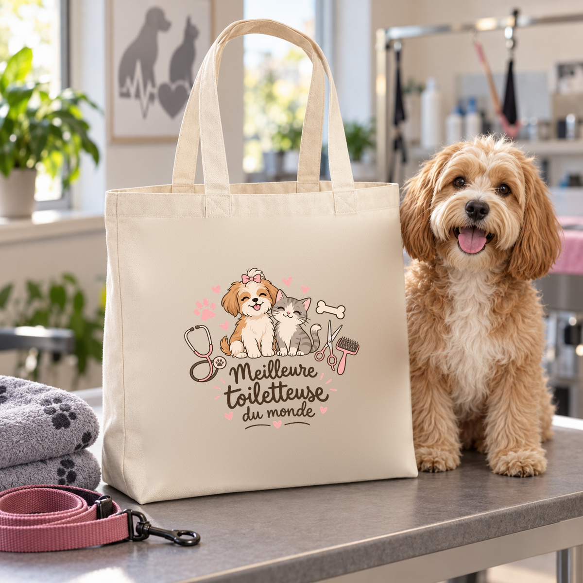 Tote bag toiletteuse canine « Meilleure toiletteuse du monde » Premium posé sur une table de toilettage, à côté d'un chien