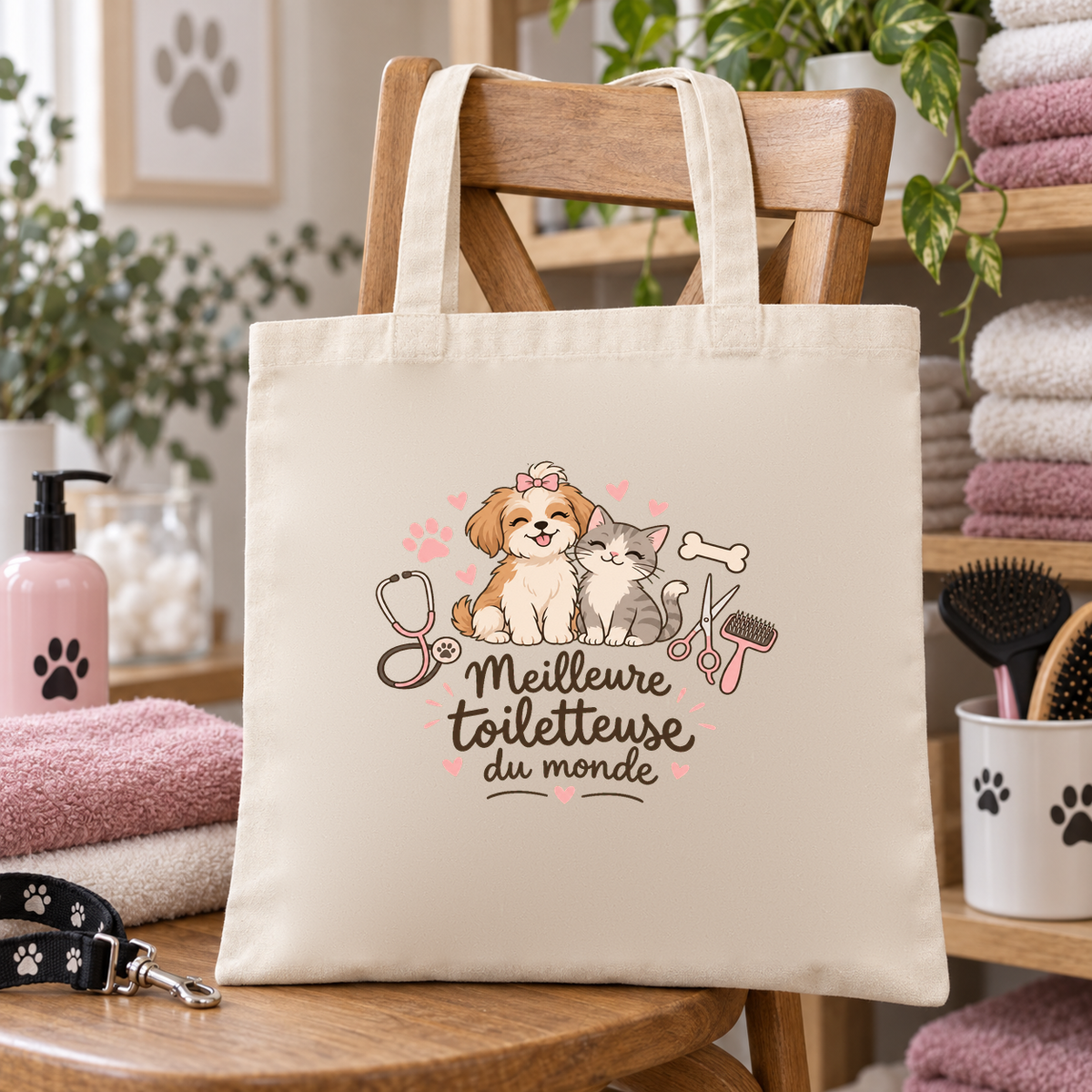 Tote bag toiletteuse canine « Meilleure toiletteuse du monde » Essentiel suspendu à une chaise du salon de toilettage, à côté de serviettes