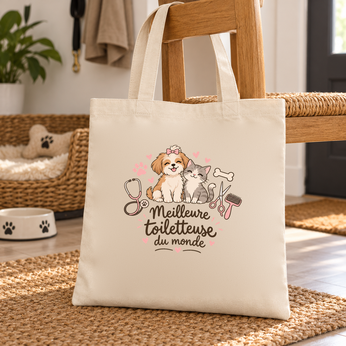 Tote bag toiletteuse canine « Meilleure toiletteuse du monde » Essentiel posé sur un tabouret, près d'un panier pour chien