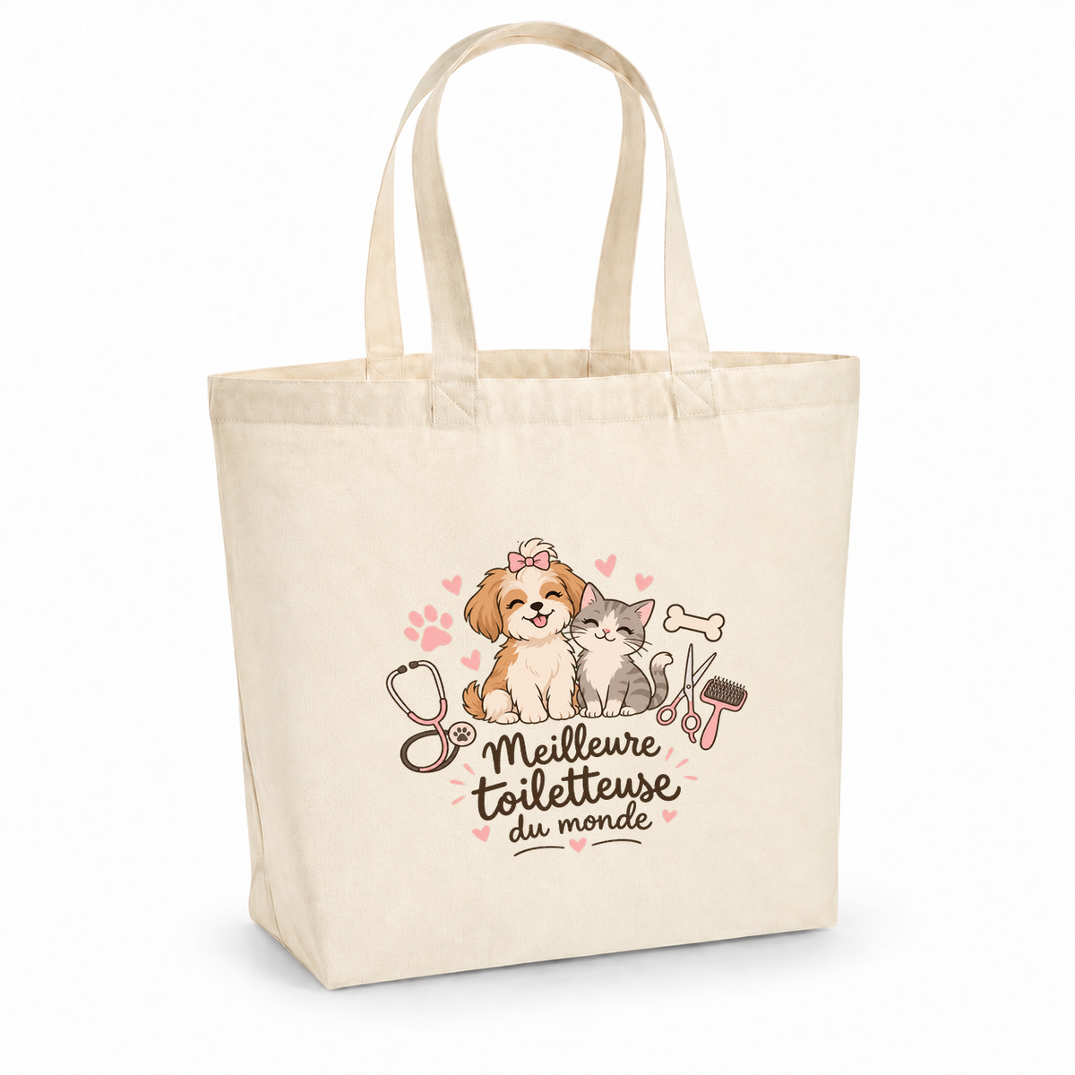 Tote bag toiletteuse canine « Meilleure toiletteuse du monde » Premium, cabas à soufflet en coton naturel 200 g/m² de 18 litres, illustration bohème d'un chiot, d'un chaton, de ciseaux et d'une brosse