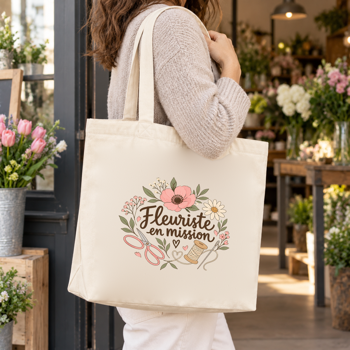 Tote bag fleuriste « Fleuriste en mission » Premium porté à l'épaule à la porte d'une boutique de fleurs