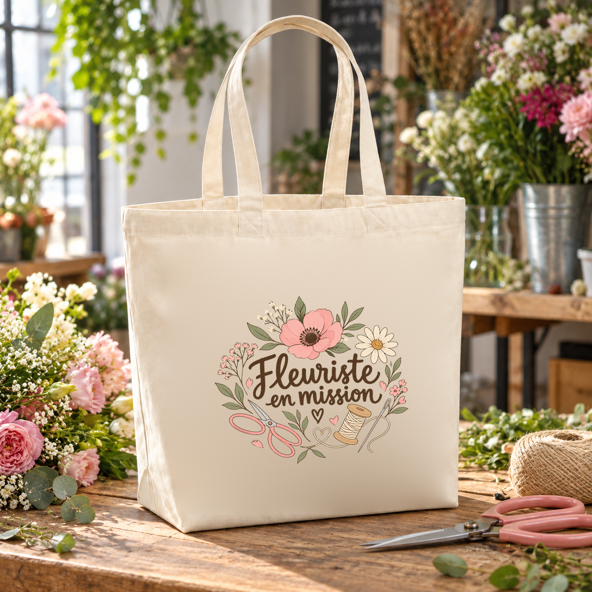 Tote bag fleuriste « Fleuriste en mission » Premium posé sur l'établi de la boutique, entre les bouquets et les ciseaux