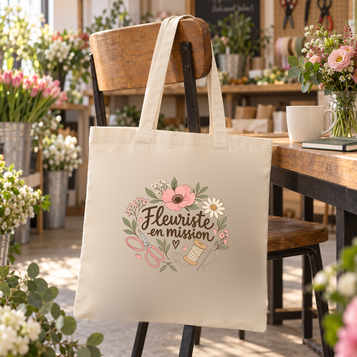 Tote bag fleuriste « Fleuriste en mission » Essentiel suspendu à une chaise au milieu des seaux de fleurs