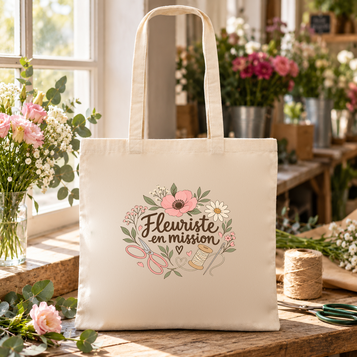 Tote bag fleuriste « Fleuriste en mission » Essentiel posé sur une table près de la vitrine, à côté d'une pelote de ficelle