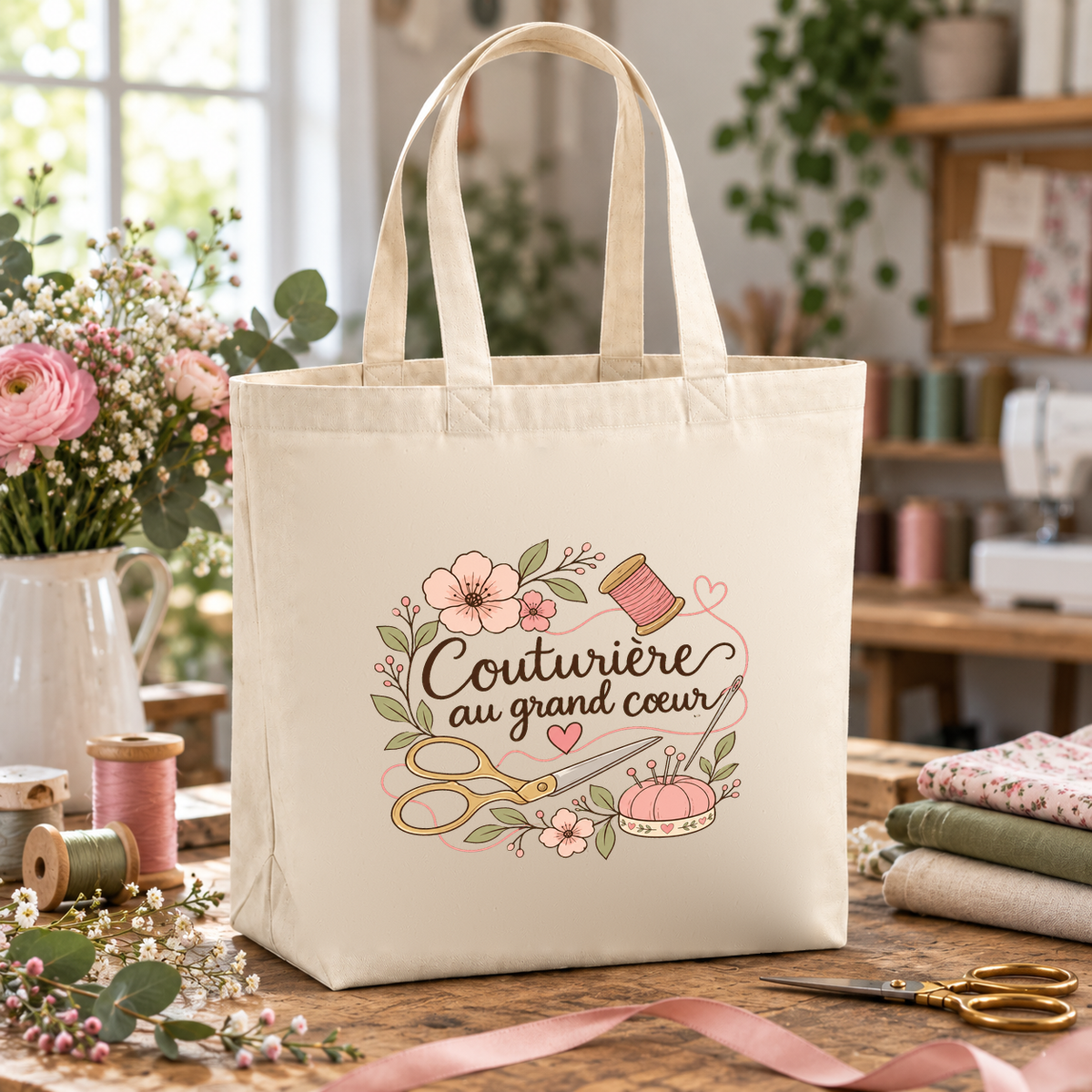 Tote bag couturière « Couturière au grand cœur » Premium posé sur la table de coupe, entre les tissus et les bobines