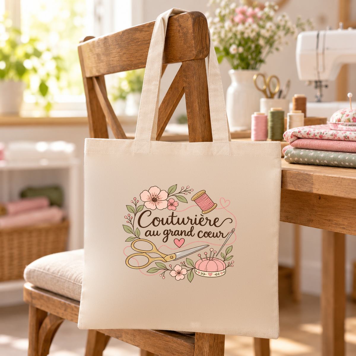 Tote bag couturière « Couturière au grand cœur » Essentiel suspendu à une chaise de l'atelier, devant une machine à coudre