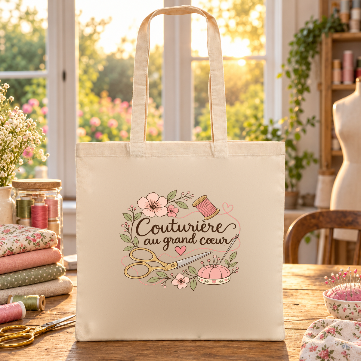 Tote bag couturière « Couturière au grand cœur » Essentiel posé sur une table de l'atelier au soleil, à côté de coupons de tissu