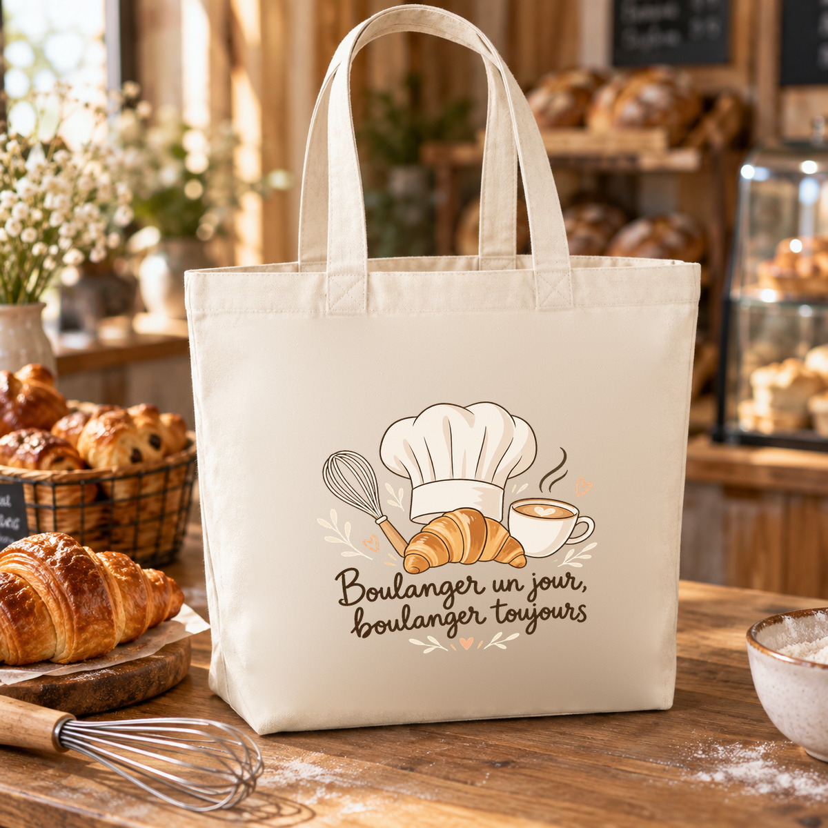 Tote bag boulanger « Boulanger un jour, boulanger toujours » Premium posé sur un plan de travail fariné, à côté de croissants et d'un fouet
