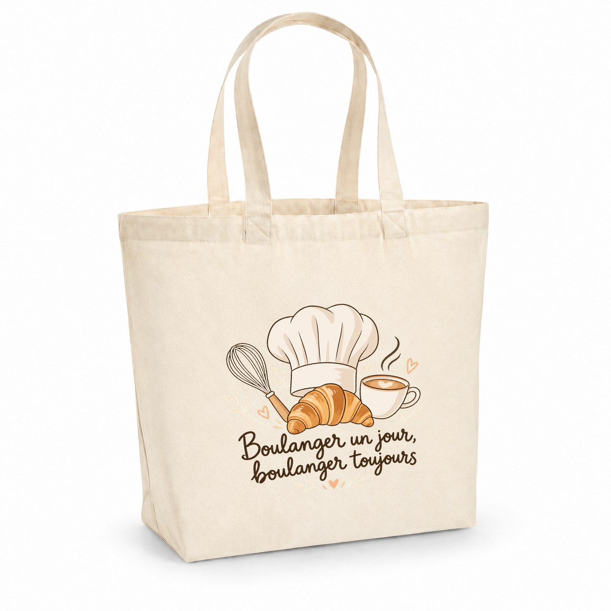 Tote bag boulanger « Boulanger un jour, boulanger toujours » Premium, cabas à soufflet en coton naturel 200 g/m² de 18 litres, illustration bohème d'une toque, d'un croissant, d'un fouet et d'une tasse