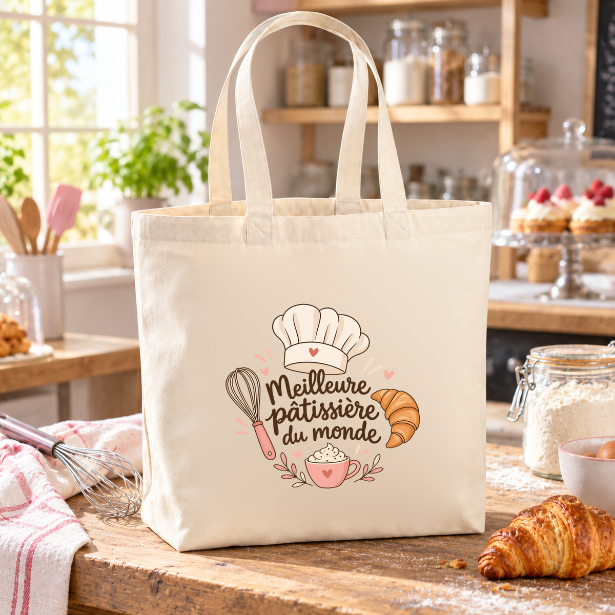 Tote bag pâtissière « Meilleure pâtissière du monde » Premium posé sur un plan de travail, à côté de croissants et d'un torchon