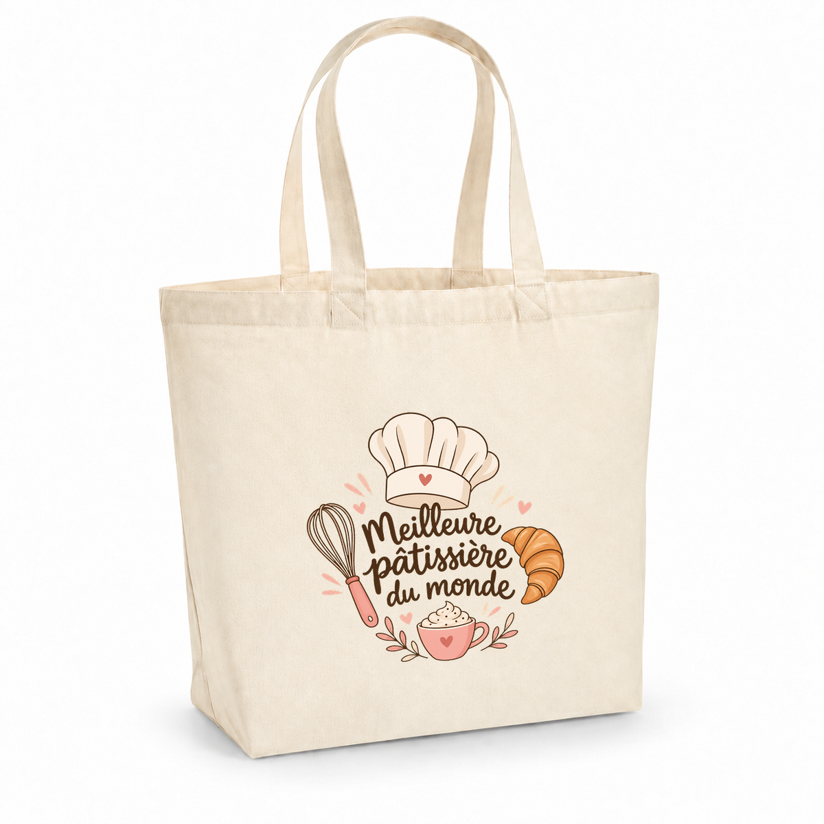 Tote bag pâtissière « Meilleure pâtissière du monde » Premium, cabas à soufflet en coton naturel 200 g/m² de 18 litres, illustration bohème d'une toque, d'un croissant, d'un fouet et d'une tasse