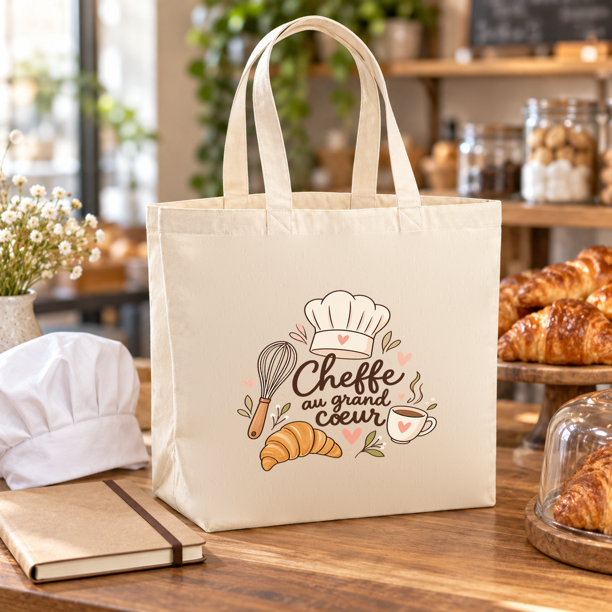 Tote bag cheffe cuisinière « Cheffe au grand cœur » Premium posé sur un plan de travail, à côté d'une toque et d'un carnet de recettes