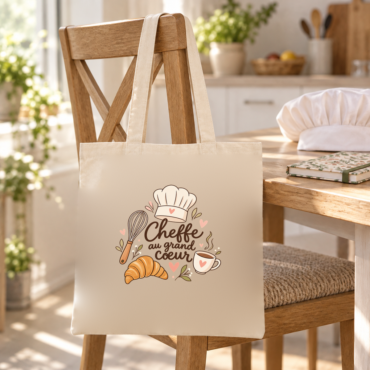 Tote bag cheffe cuisinière « Cheffe au grand cœur » Essentiel suspendu à une chaise de la cuisine, à côté d'une toque
