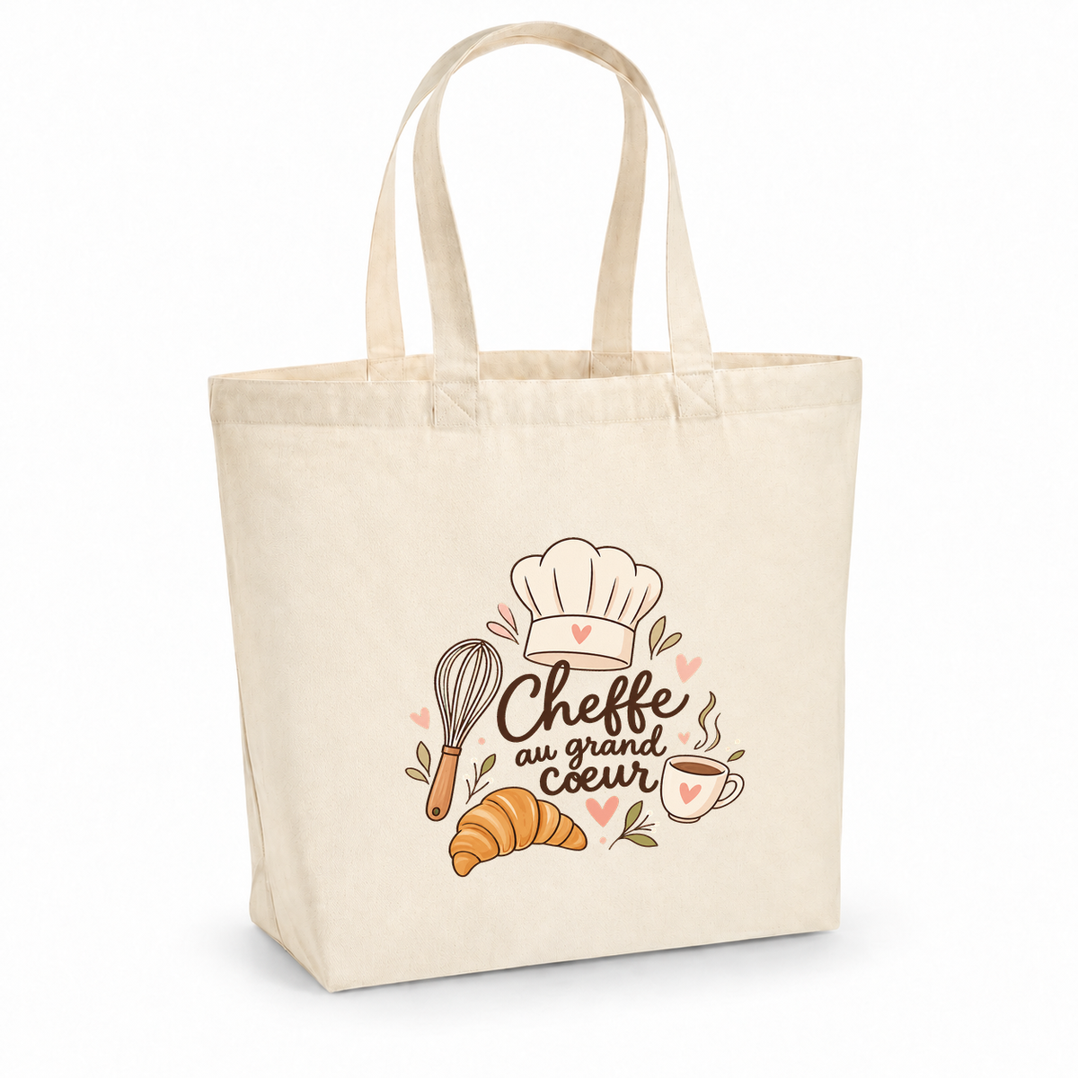 Tote bag cheffe cuisinière « Cheffe au grand cœur » Premium, cabas à soufflet en coton naturel 200 g/m² de 18 litres, illustration bohème d'une toque, d'un croissant, d'un fouet et d'une tasse