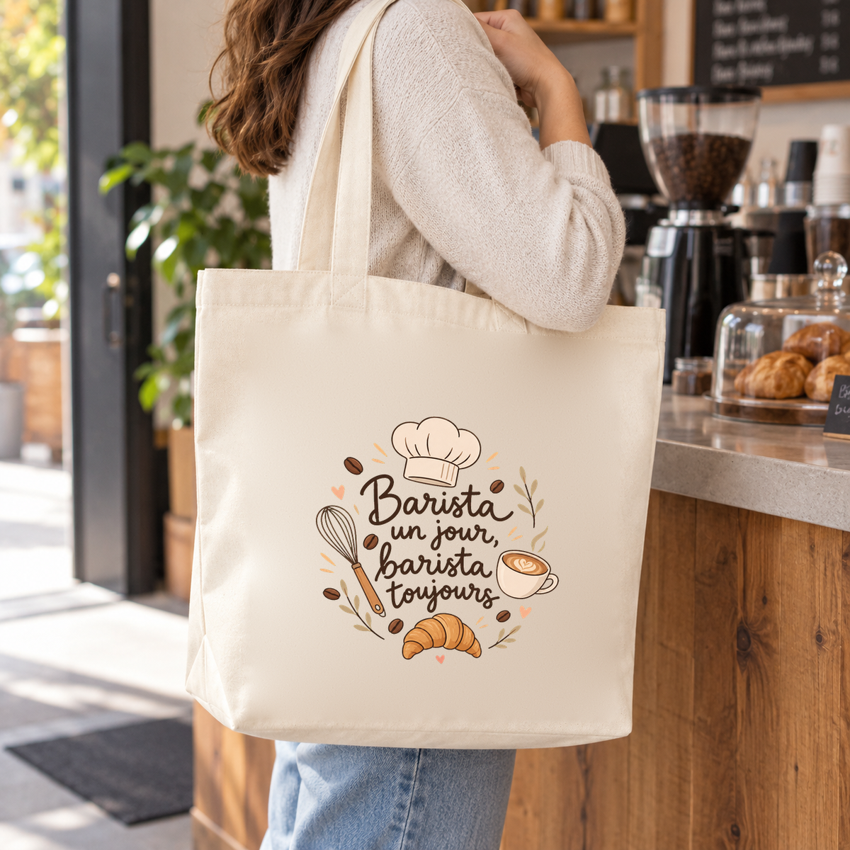 Tote bag barista « Barista un jour, barista toujours » Premium porté à l'épaule devant le comptoir d'un coffee shop