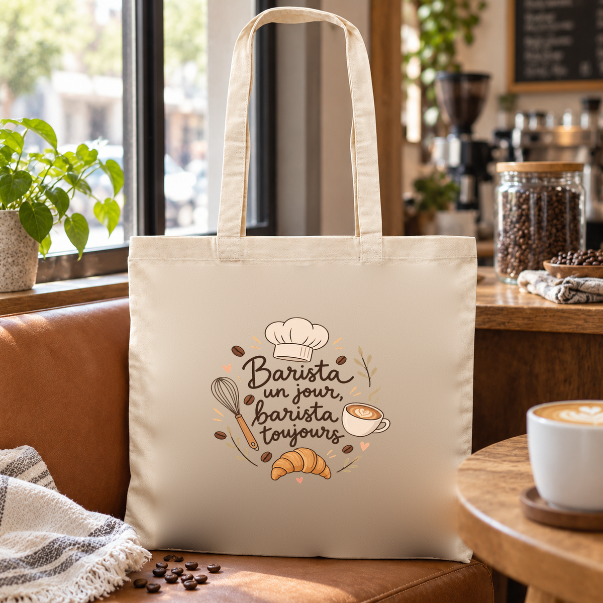 Tote bag barista « Barista un jour, barista toujours » Essentiel posé sur une banquette du café, à côté de grains de café