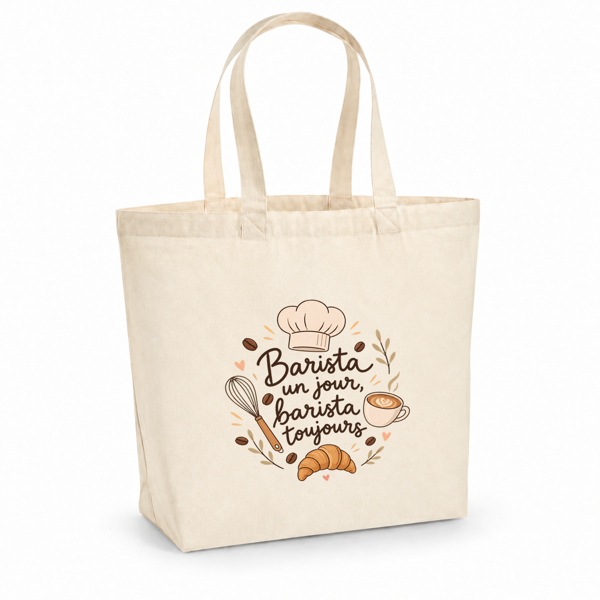 Tote bag barista « Barista un jour, barista toujours » Premium, cabas à soufflet en coton naturel 200 g/m² de 18 litres, illustration bohème d'une tasse de café, de grains de café, d'un fouet et d'un croissant