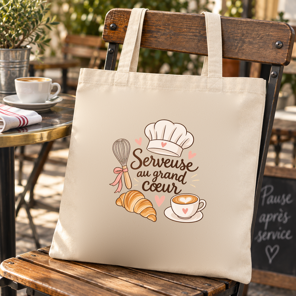 Tote bag serveuse « Serveuse au grand cœur » Essentiel suspendu à une chaise de terrasse, à côté d'une tasse de café