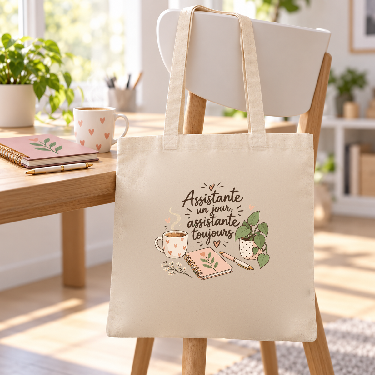 Tote bag assistante de direction « Assistante un jour, assistante toujours » Essentiel suspendu à une chaise de bureau, à côté d'un carnet rose