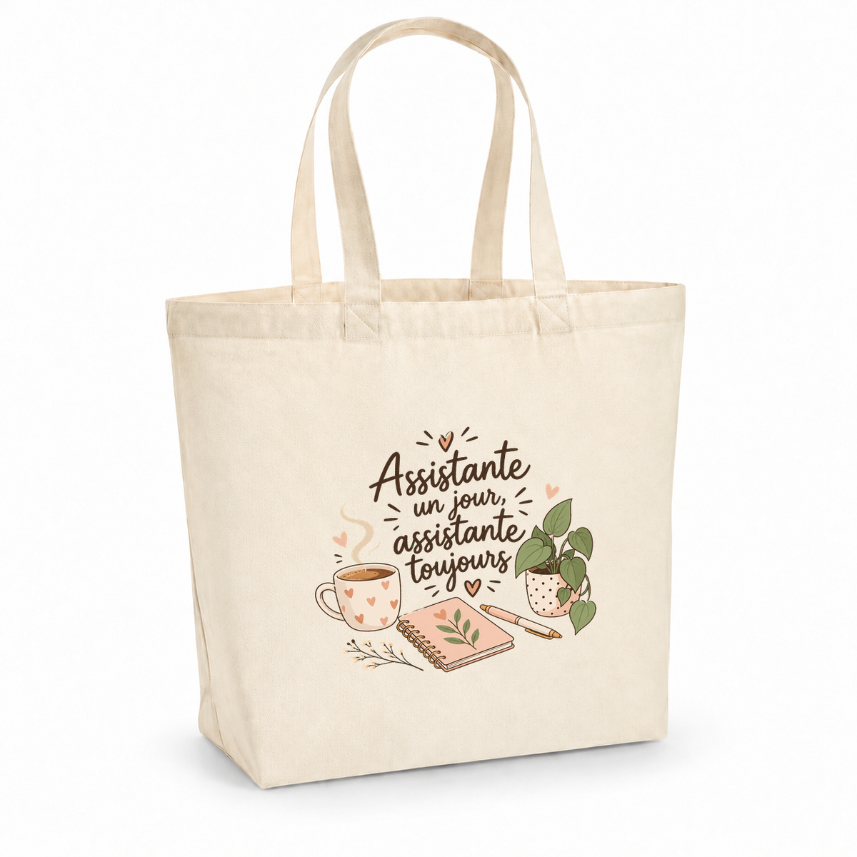 Tote bag assistante de direction « Assistante un jour, assistante toujours » Premium, cabas à soufflet en coton naturel 200 g/m² de 18 litres, illustration bohème d'une tasse de café, d'un carnet, d'un stylo et d'une plante en pot