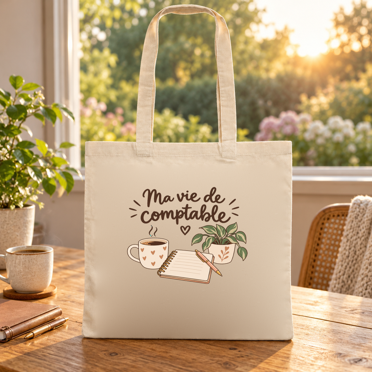 Tote bag comptable « Ma vie de comptable » Essentiel posé sur une table au soleil couchant, à côté d'un mug