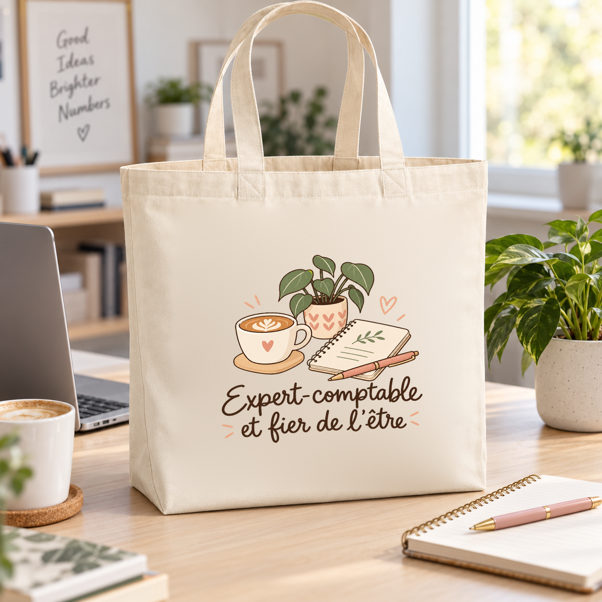 Tote bag expert-comptable « Expert-comptable et fier de l'être » Premium posé sur un bureau, à côté d'un ordinateur portable et d'un carnet