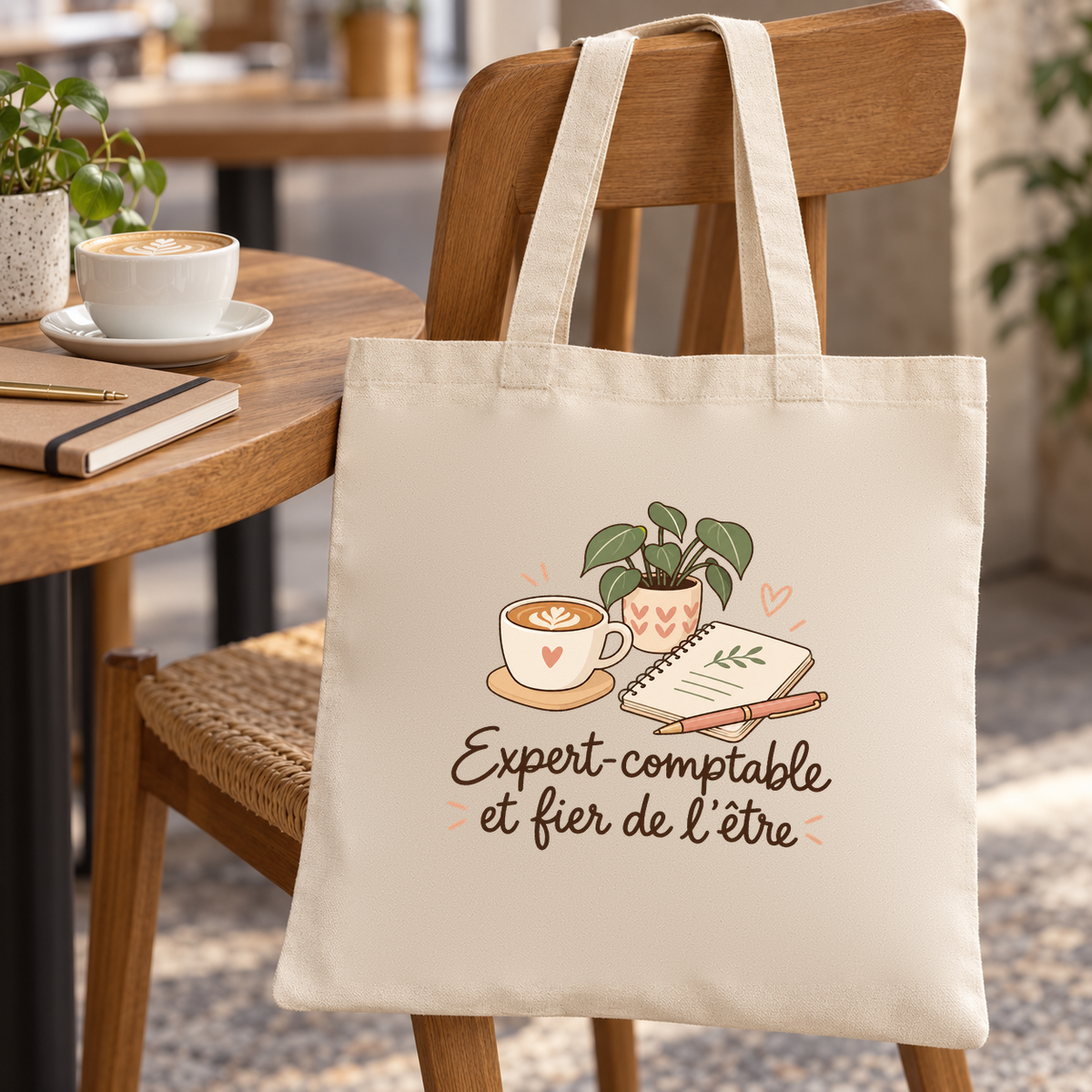 Tote bag expert-comptable « Expert-comptable et fier de l'être » Essentiel suspendu à une chaise de terrasse, à côté d'une tasse de café