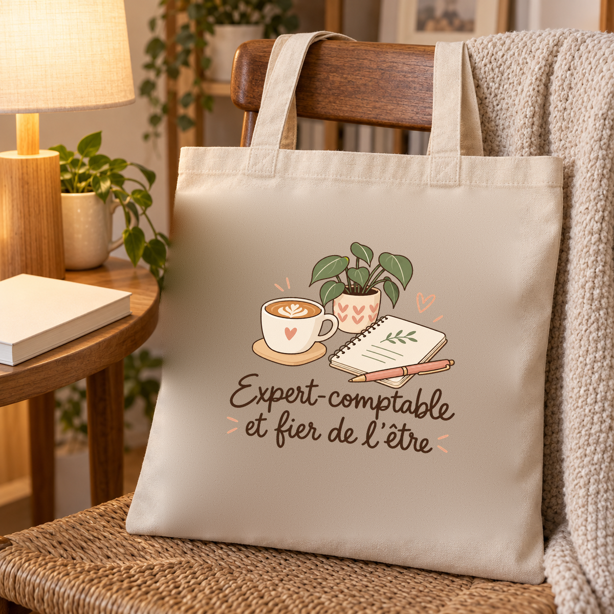 Tote bag expert-comptable « Expert-comptable et fier de l'être » Essentiel posé sur une chaise, à côté d'une lampe de bureau