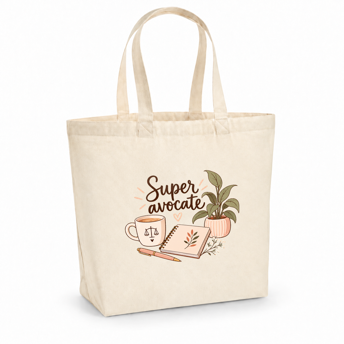 Tote bag avocate « Super avocate » Premium, cabas à soufflet en coton naturel 200 g/m² de 18 litres, illustration bohème d'une tasse ornée d'une balance de la justice, d'un carnet, d'un stylo et d'une plante