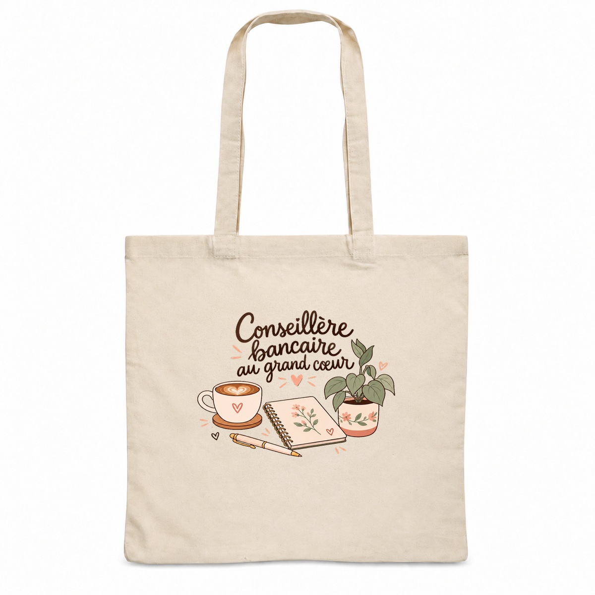 Tote bag conseillère bancaire « Conseillère bancaire au grand cœur » Essentiel, sac plat en coton naturel 140 g/m² de 38 × 42 cm, illustration bohème d'une tasse de café, d'un carnet, d'un stylo et d'une plante en pot