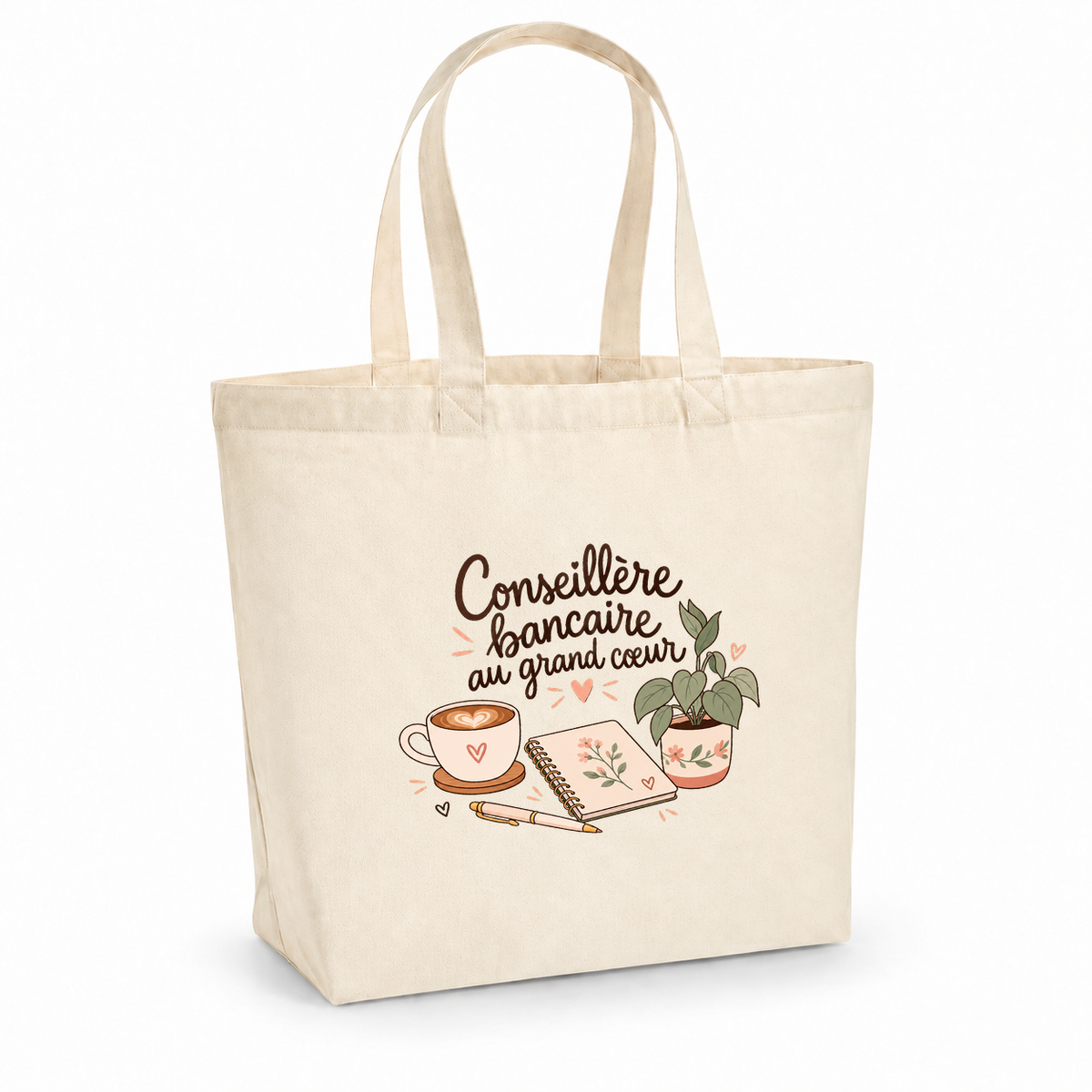 Tote bag conseillère bancaire « Conseillère bancaire au grand cœur » Premium, cabas à soufflet en coton naturel 200 g/m² de 18 litres, illustration bohème d'une tasse de café, d'un carnet, d'un stylo et d'une plante en pot