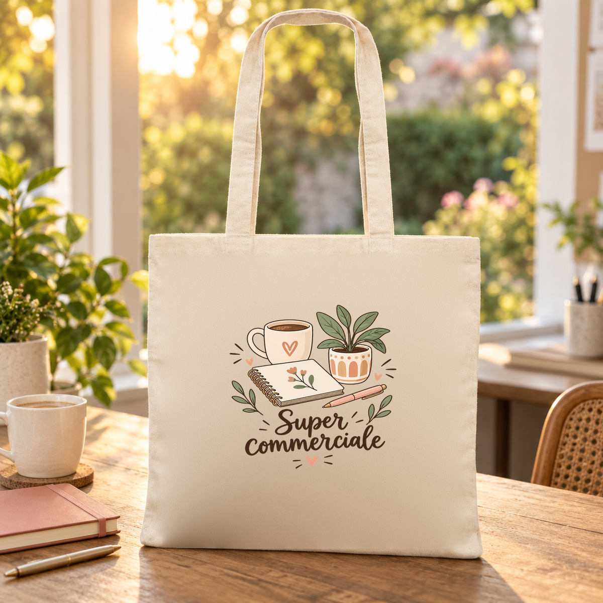 Tote bag commerciale « Super commerciale » Essentiel posé sur une table au soleil, à côté d'un mug