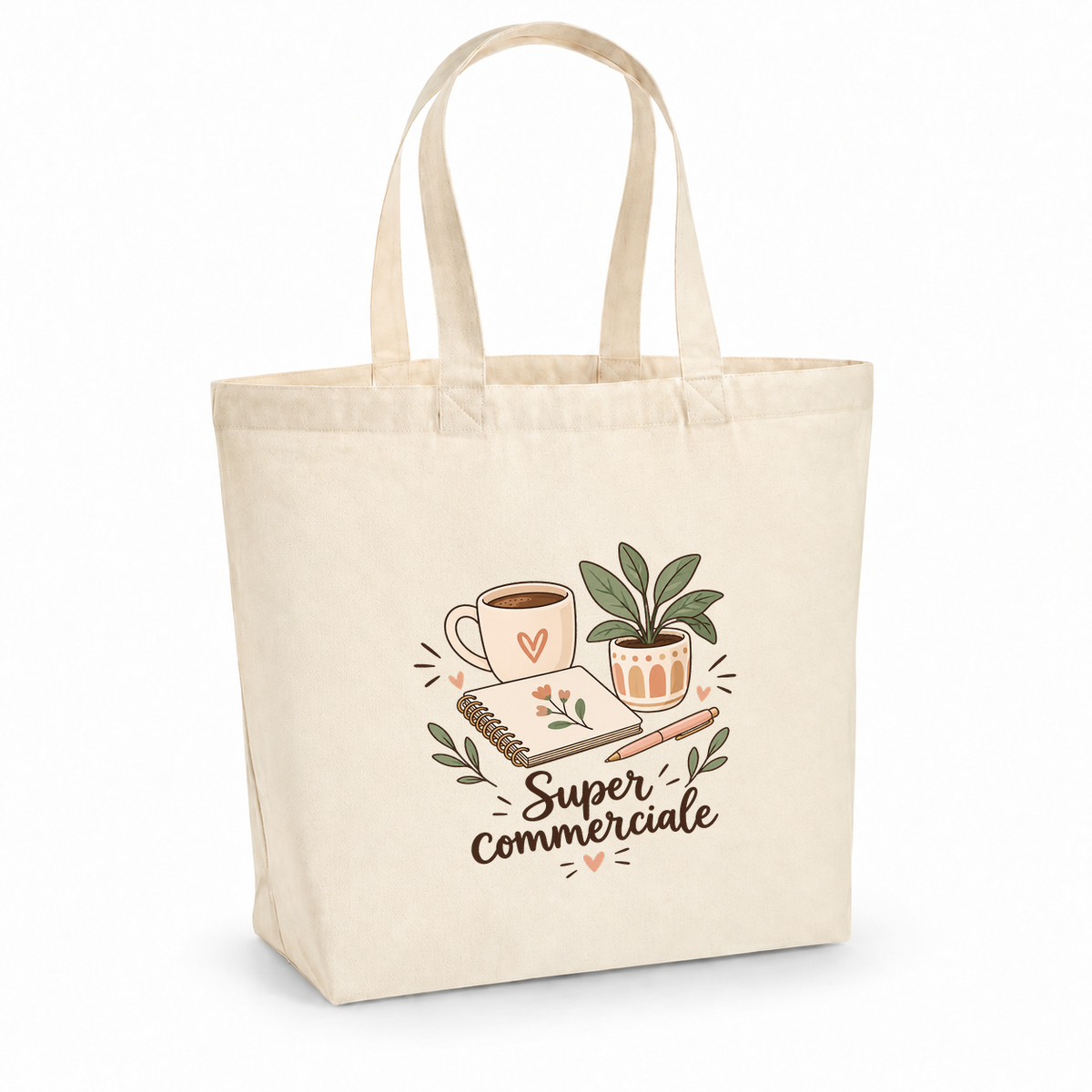 Tote bag commerciale « Super commerciale » Premium, cabas à soufflet en coton naturel 200 g/m² de 18 litres, illustration bohème d'une tasse de café, d'un carnet, d'un stylo et d'une plante en pot