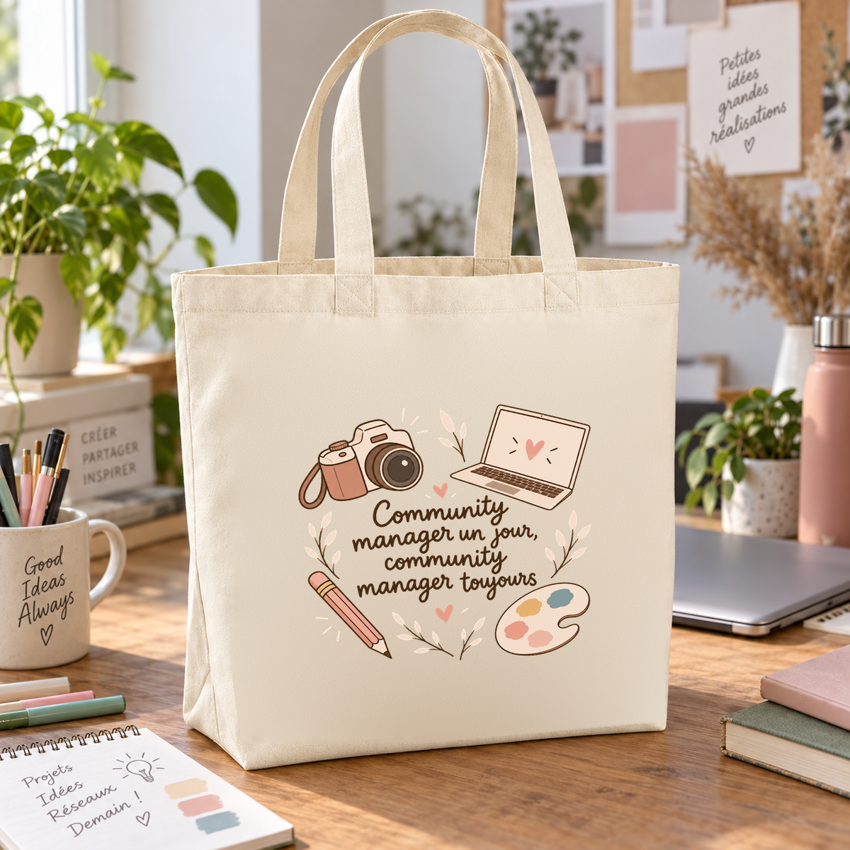 Tote bag community manager Premium posé sur un bureau, à côté d'un ordinateur portable et de notes