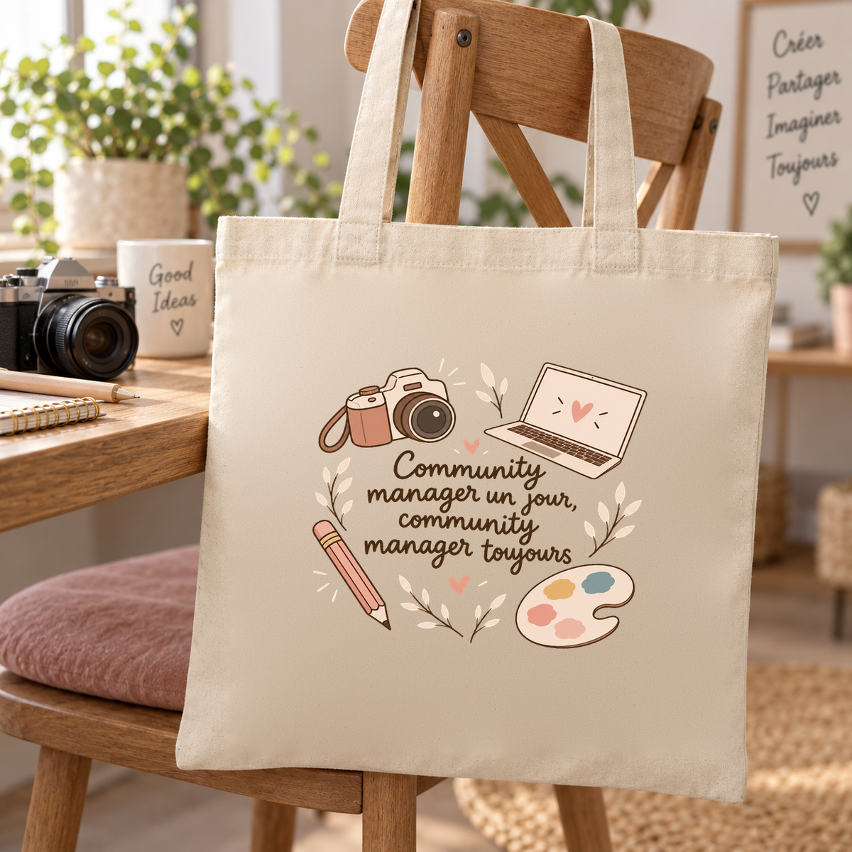 Tote bag community manager Essentiel suspendu à une chaise près d'un bureau, à côté d'un appareil photo