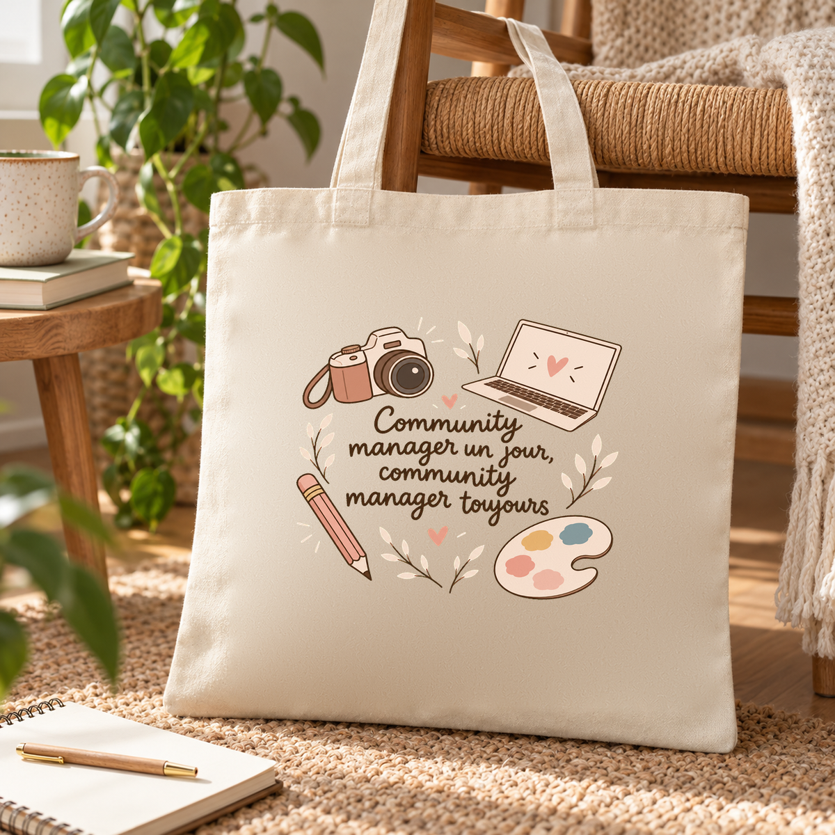 Tote bag community manager Essentiel posé sur un fauteuil, à côté d'un carnet