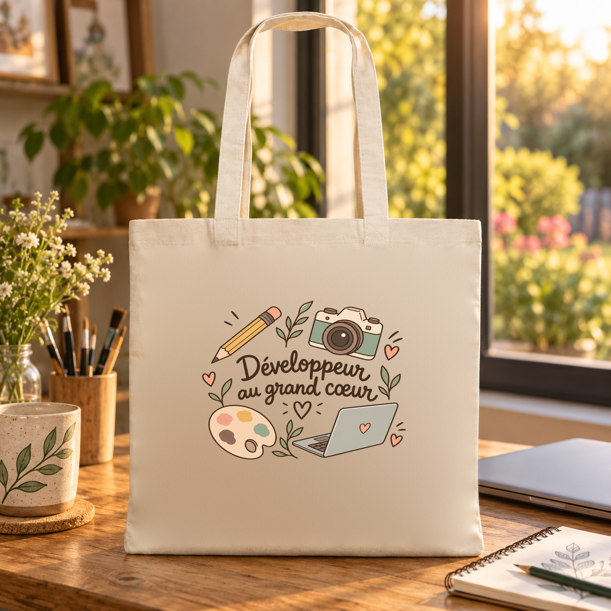 Tote bag développeur « Développeur au grand cœur » Essentiel posé sur une table au soleil, à côté d'un ordinateur portable