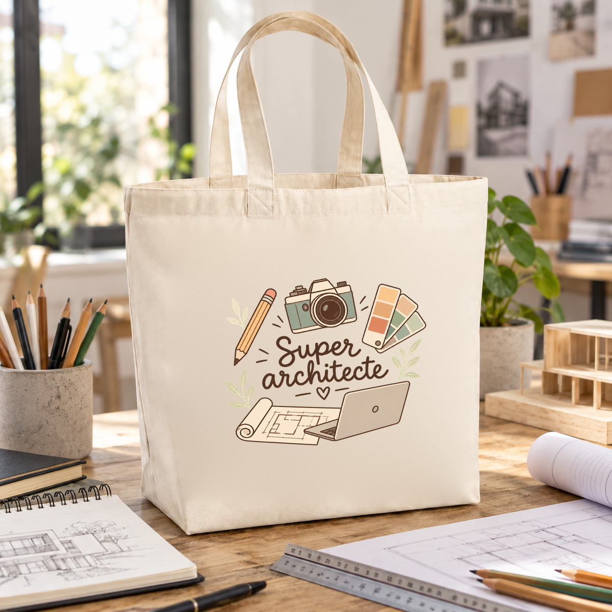 Tote bag architecte « Super architecte » Premium posé sur une table à dessin, à côté de plans et d'une règle