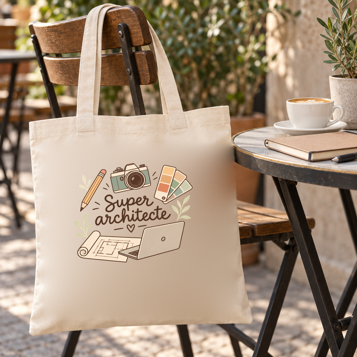 Tote bag architecte « Super architecte » Essentiel suspendu à une chaise de terrasse, à côté de livres d'architecture
