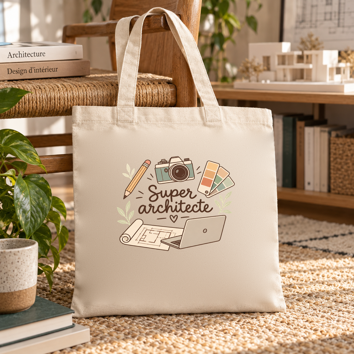Tote bag architecte « Super architecte » Essentiel posé sur une chaise, devant une étagère de maquettes