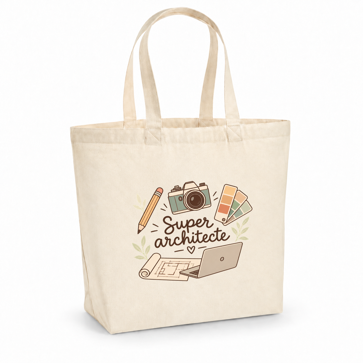 Tote bag architecte « Super architecte » Premium, cabas à soufflet en coton naturel 200 g/m² de 18 litres, illustration bohème d'un plan d'architecte, d'un nuancier, d'un crayon et d'un ordinateur