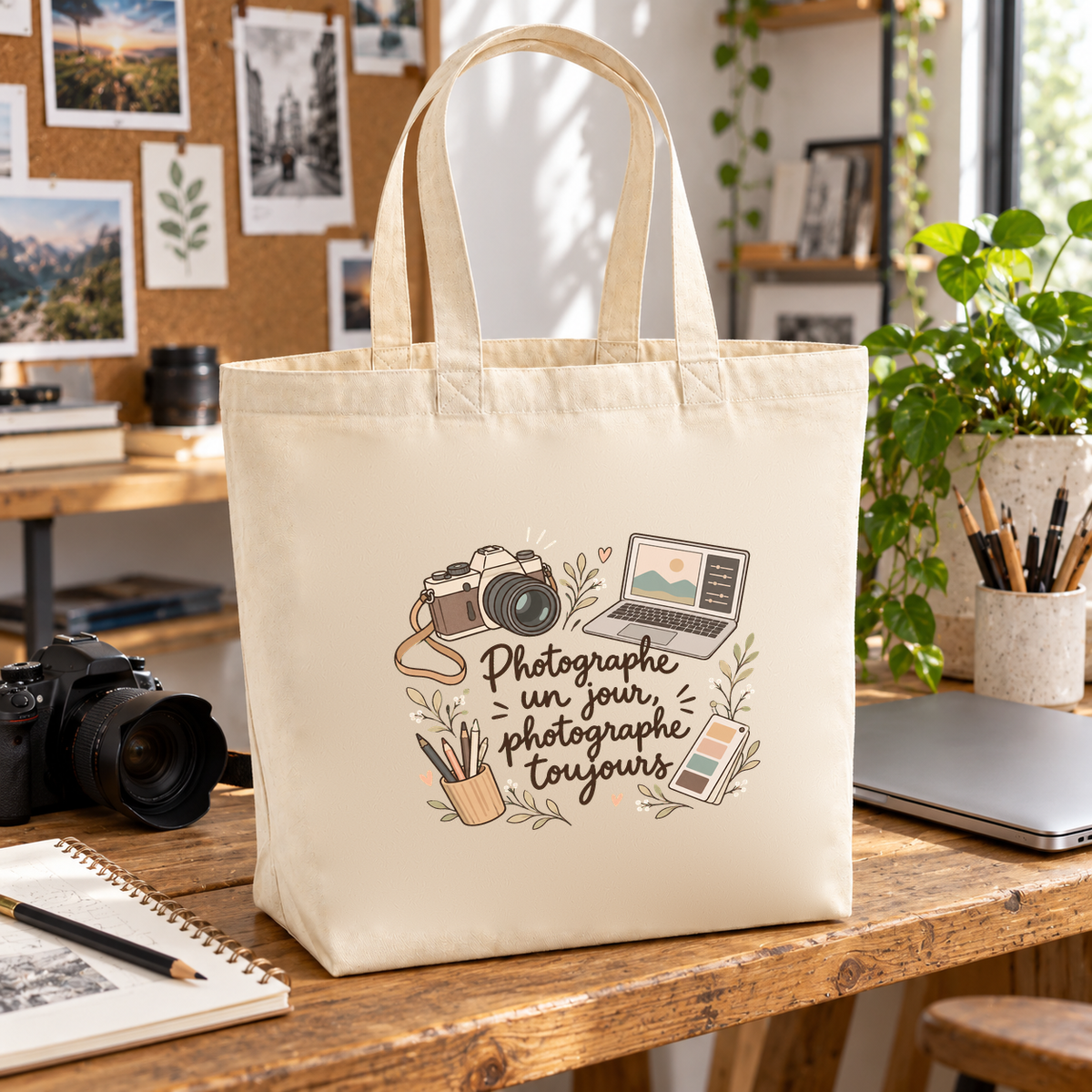 Tote bag photographe Premium posé sur un bureau, à côté d'un appareil photo et d'un carnet