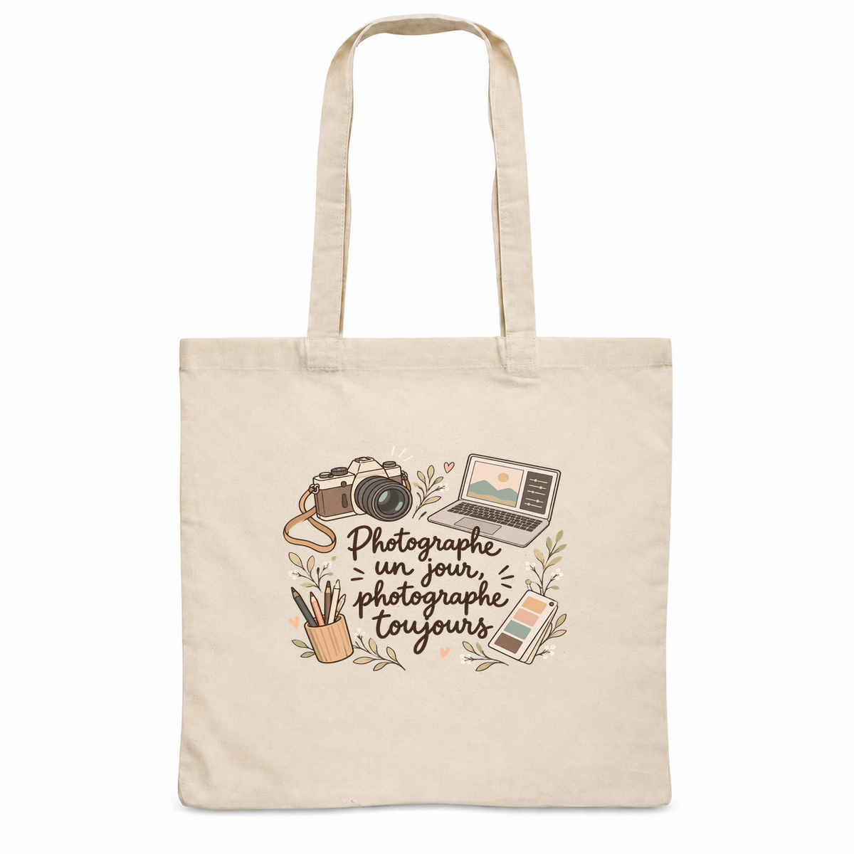 Tote bag photographe Essentiel, sac plat en coton naturel 140 g/m² de 38 × 42 cm, illustration bohème d'un appareil photo, d'un ordinateur portable, d'un nuancier et de crayons