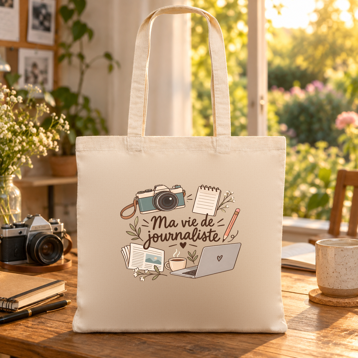 Tote bag journaliste « Ma vie de journaliste » Essentiel posé sur une table au soleil, à côté d'un appareil photo